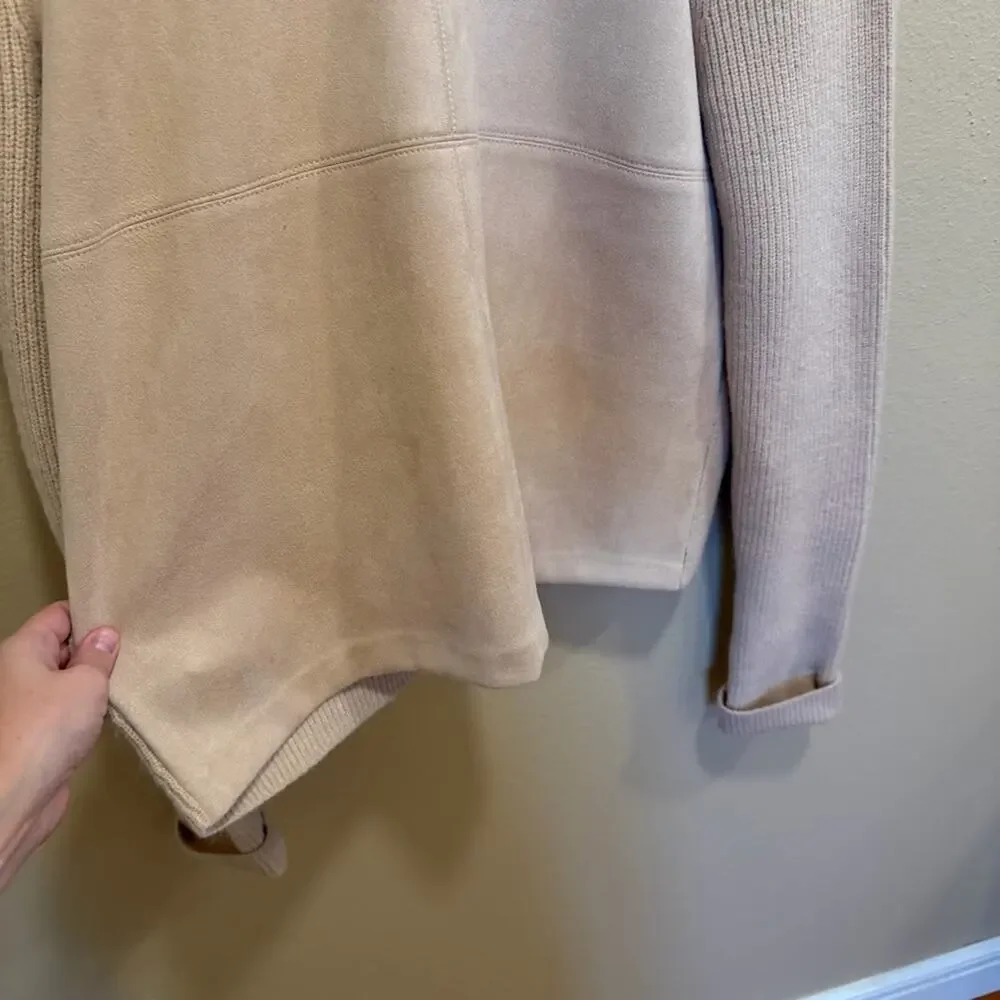 Ann Taylor Mixed Media Tan Faux Suede Sweater Medium Ribbed Crew Neck Cozy